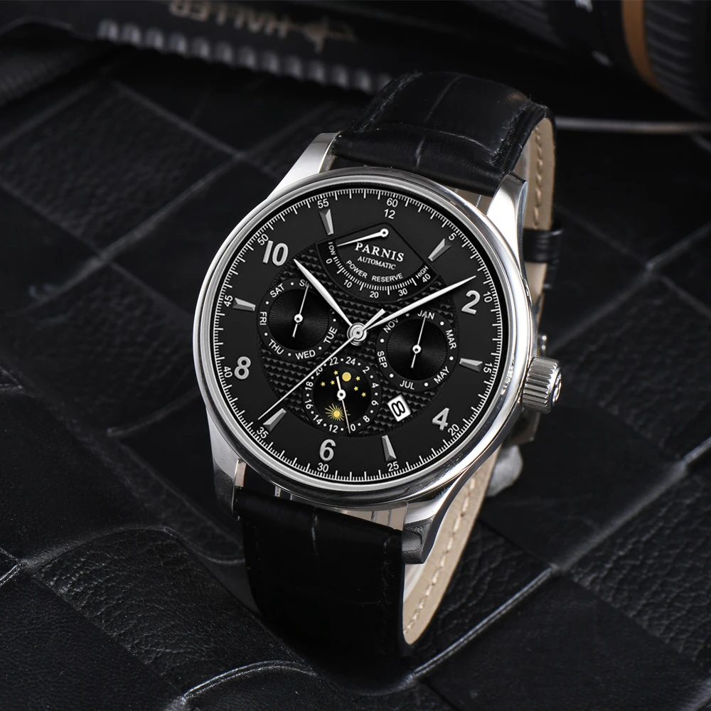 Casual Parnis 43mm Automatic Watch Moon Phase Power Reserve Men Luxury Brand Top Miyota Mechanical Winder Watches P6062 Gift Box