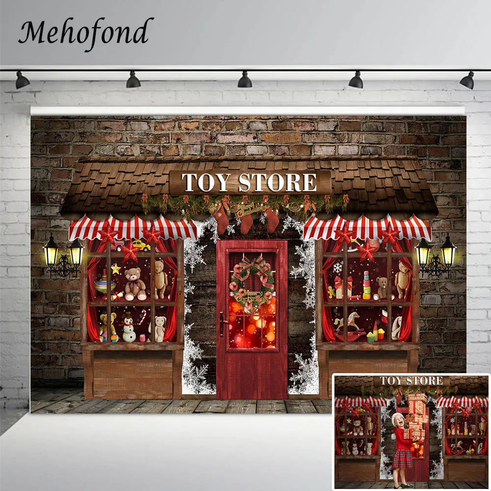 Christmas Toy Store Photography Backdrops Old Brick Wall Wood Door Shop Window Bears Gift Decor Baby Portrait Photo Background