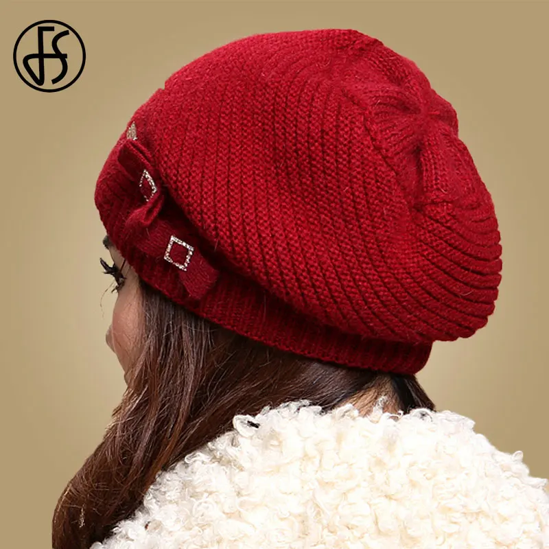 FS Winter Hat For Women Beanies Hats Rabbit Fur Black Wool Knitted Caps Skullies Elegant Casual Solid Bonnet 2020 Gorros Mujer