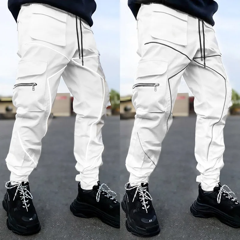 Joggers Cargo Pants Reflective Stripe Fashion Streetwear Hip Hop Sweatpants Black White Patchwork Hipster Mens Trousers