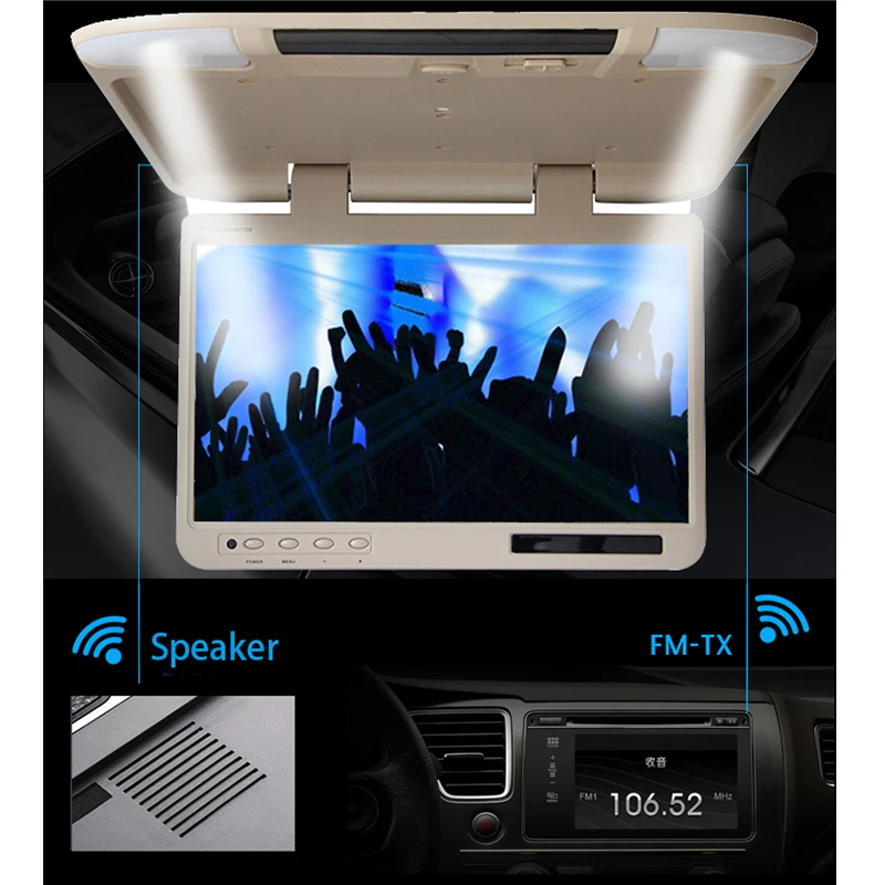 22 Inch Car Roof Mount Monitor HD LCD Screen Motorhome Video Player Flip Down Auto Ceiling TV Display HDMI USB FM AV Mirror Link