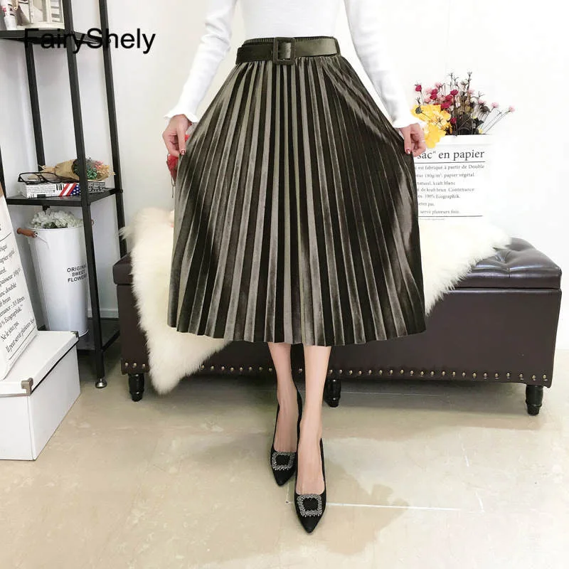 FairyShely 2024 Vintage Velvet Pleated Long Skirt Women Casual High Waist Midi Skirt Ladies Solid Belt Skirts Womens Clothing