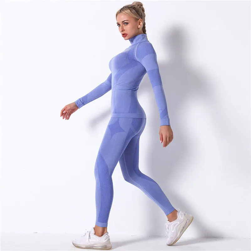 Women Seamless Set Fitness Sports Suits Gym Clothes Workout Long Sleeve Shirts High Waist Running Leggings Pants Suits