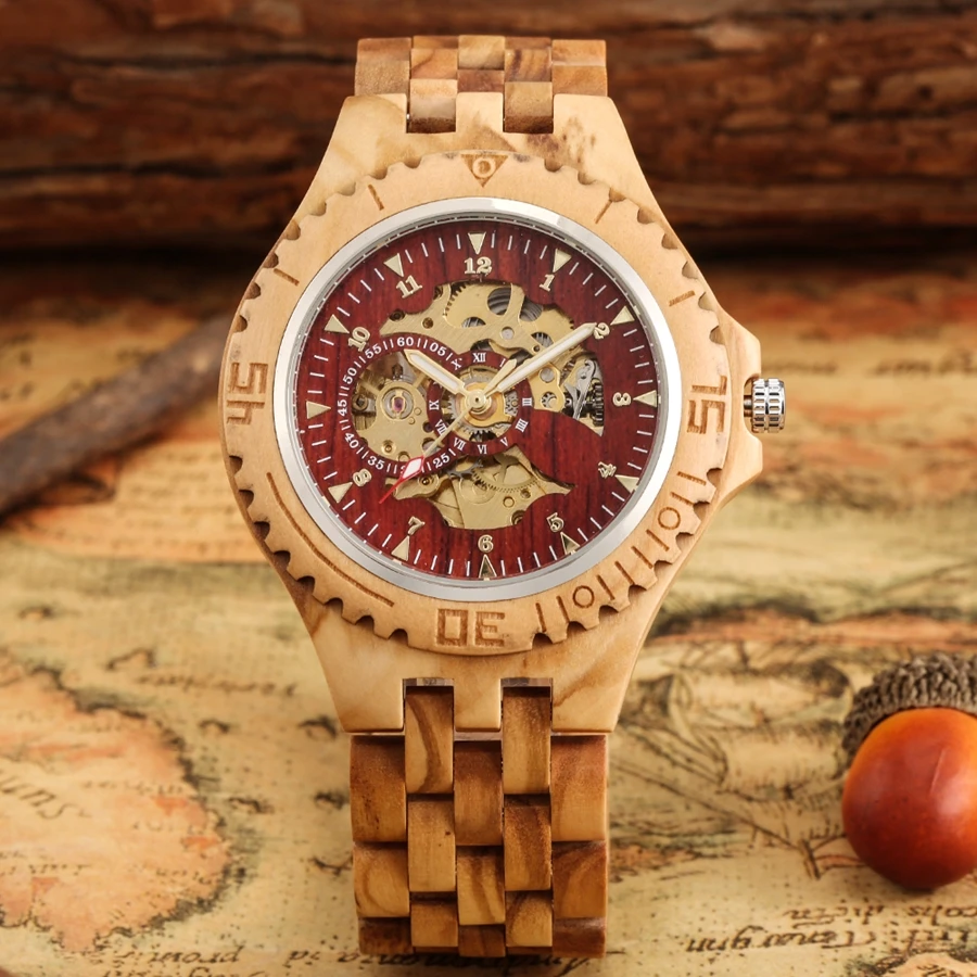 Men\'s Watch Top Luxury Mechanical Watch Automatic Red Skeleton Cherry Wood Clock Men Full Wooden Band Casual Wristwatch Retro