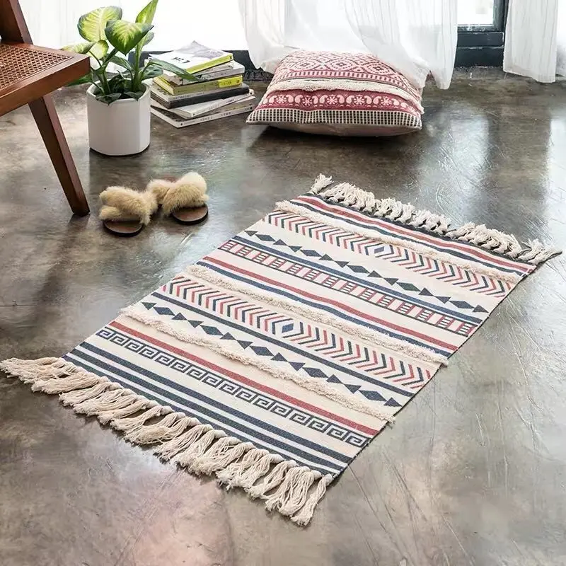 Tapis de sol en coton et lin Chenille lavable, pour la maison, le salon, le canapé, la Table à thé, fait à la main, avec pompon, pour porte