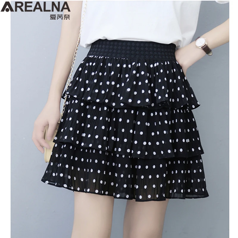 2022 Summer Women Elasticity Waist Mini Skirt Ladies Chiffon Skirt Casual Cake Skirts Femme Polka Dot Pleated Skirts Jupe Femme