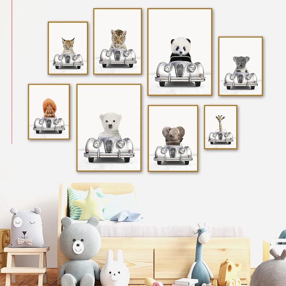لطيف الحيوان الزرافة الفيل كوالا الباندا محرك سيارة الرسم على لوحات القماش الجدارية الحضانة المشارك الشمال طباعة للأطفال ديكور المنزل #1