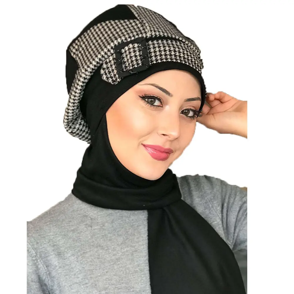 New Fashion Hijab WomenHat Muslim 2021 Islamic Foulard Bonnet Cancer Cap Black Milk Coffee Crowbar Buckled Scarf Beret Shawl