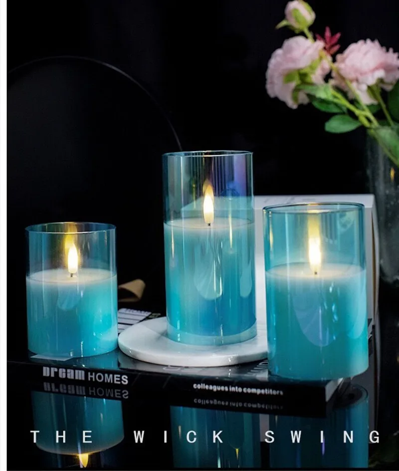 

3D wick Battery operated Flickering Flame Pillar plexiglass Candle Paraffin Wax LED Glass Candle Set Home Bar Wedding Decoration