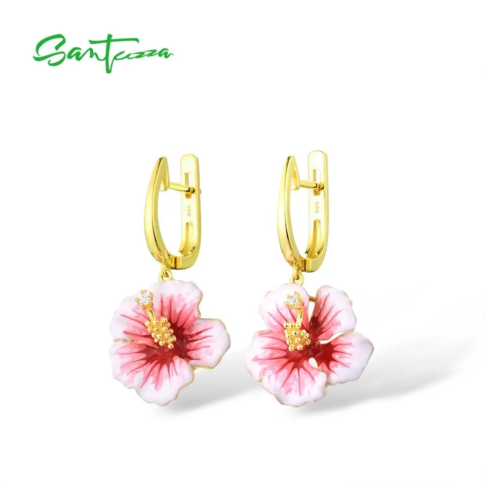 SANTUZZA Silver Earrings For Women Genuine 925 Sterling Silver Pink Blooming Flower Drop Earrings Fine Jewelry Handmade Enamel