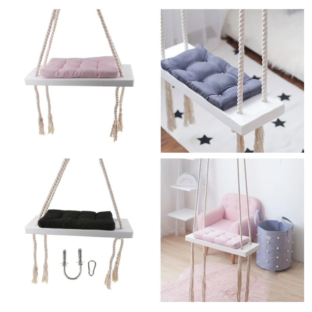 Rope Hanging Wooden Swing Seat with Rope & Cushion for Playground Kids Room Yard Play Fun