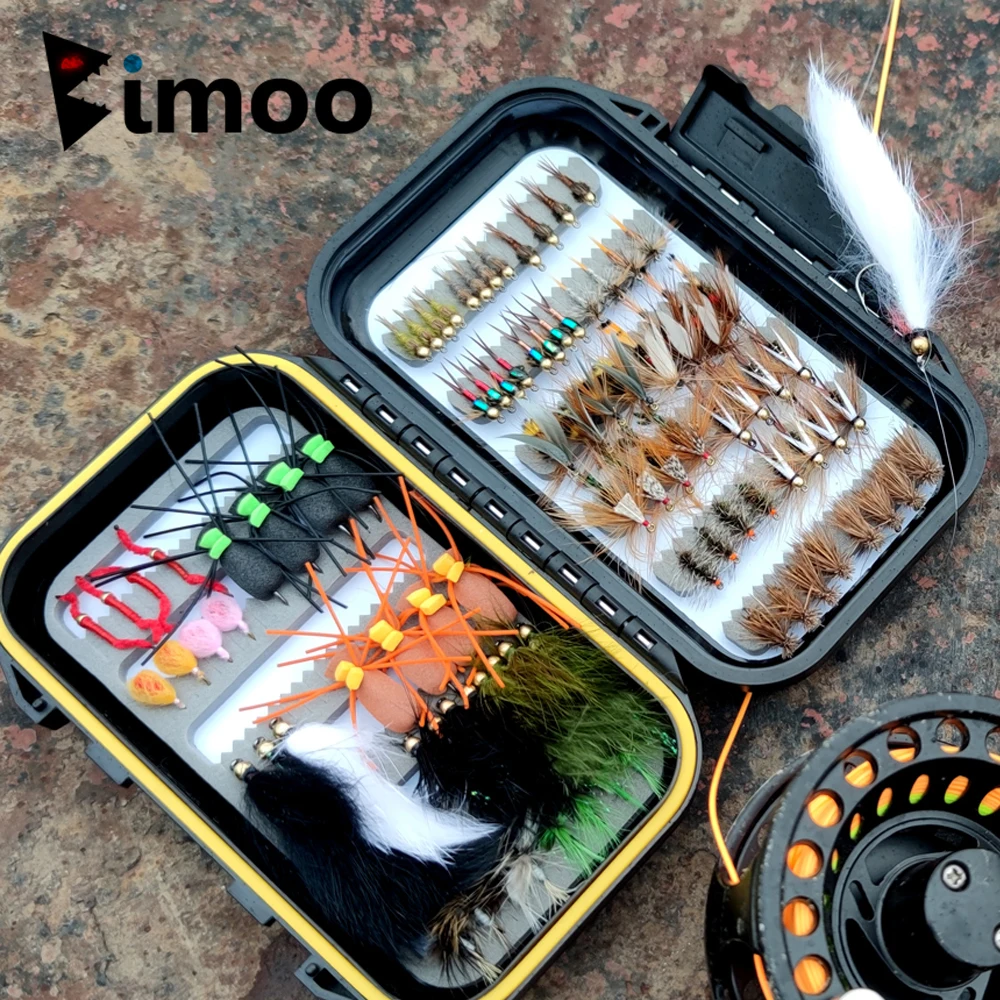 

Bimoo 92pcs/Box Fly Fishing Lure Kit With Waterproof Box Dry Wet Nymph Streamer Wooly Bugger Flies Trout Fishing Lures Baits