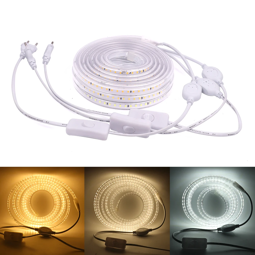 Imagem -06 - Conduziu a Iluminação da Luz de Tira 20cm Cortou 2835 220v 230v Flexível Led Fita de Ligar Desligar Interruptor ue uk Power Plug 1m 10m 20m 50m 100m 120led m