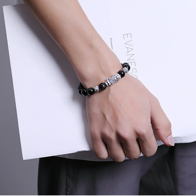 

Black Obsidian Stone Bracelets Hand Accessories For Men With Real Sterling Silver Pixiu Feng Shui Crystals Jewelry Armband Heren