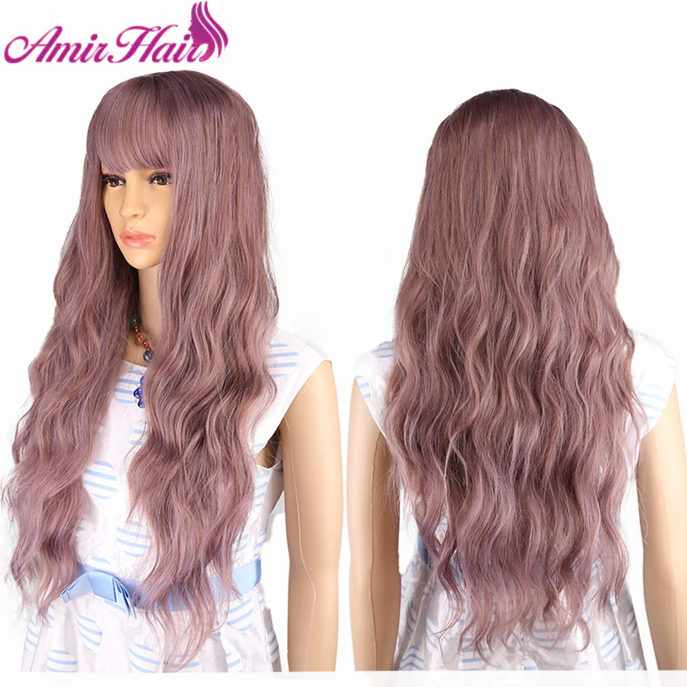 Amir Synthetic Long Purple Wig Womens Wigs with Bangs Water Wave Heat Resistant Curly Wigs for Women African American Cosplay