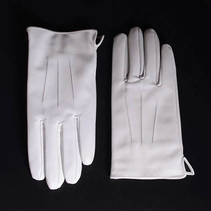 White Gloves For Men Male Genuine Leather Lined Warm Velvet Etiquette Luvas Hombre Stage Activities Performance Guantes Homme