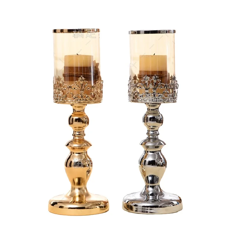 

European Style Wedding Golden Silver Decoration Wrought Iron Plated Glass Candle Holder, Home Accessories,