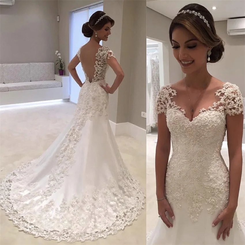 

2021 Sexy Deep V Back Mermaid Wedding Dresses Cap Sleeve Sweetheart Wedding Gowns Lace Sequined Bride Dress Vestido De Noiva