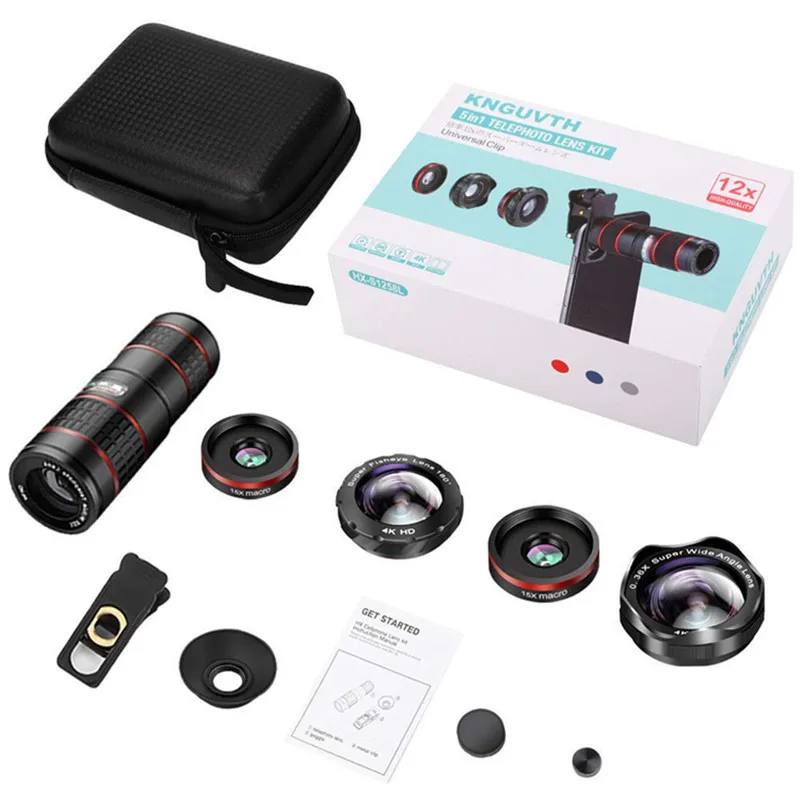 Mobile Phone SLR Lens Five-in-one Wide-Angle Macro Fisheye 12X Double Adjustable Telescope External Special Effects Camera