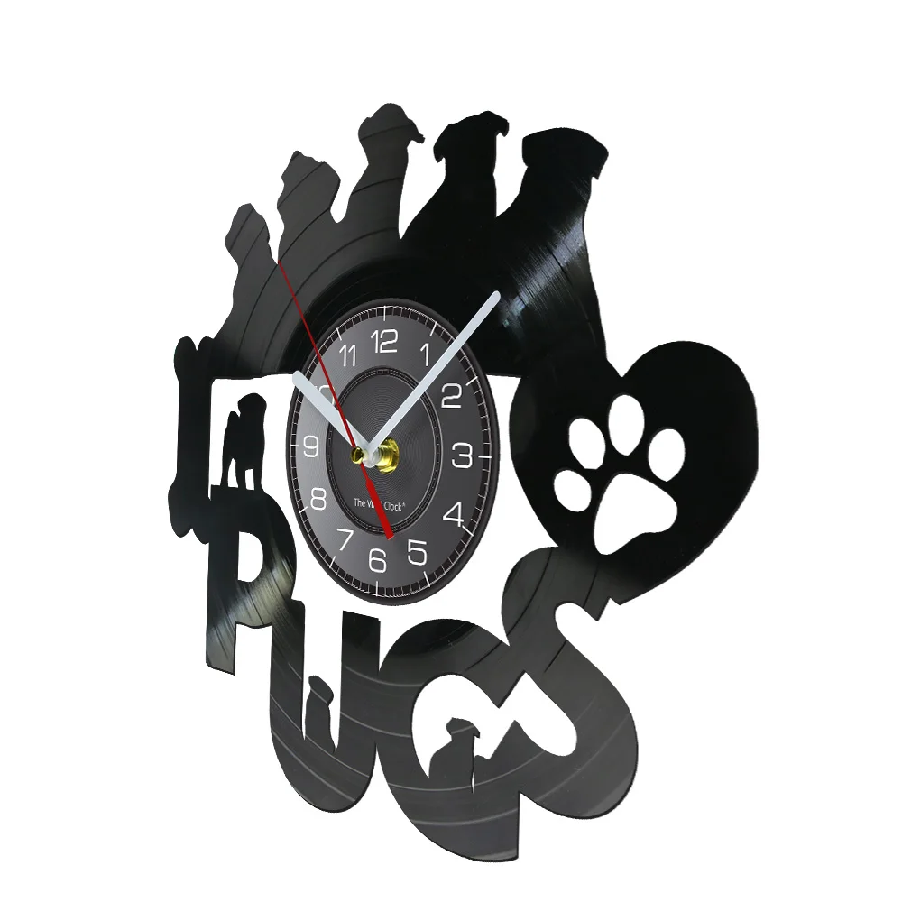 Pug Wall Clock with LED Backlight Dog Breeds Watch Made Of Real Vinyl Record Pet Shop Time Puppy Paw Kid Room Nursery Lamp