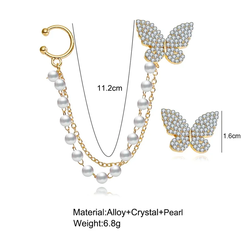 Eleganckie asymetryczne Rhinestone Butterfly Drop kolczyki dla kobiet dziewczynki śliczne modne perły kolczyki z łańcuszka koreańska biżuteria