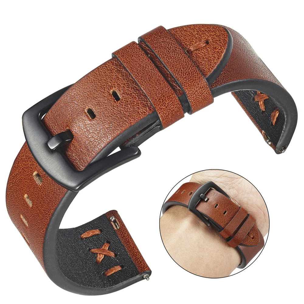 Vintage Wrist Watch Band Luxurious Handmade Stitching Leather Watch Straps 20mm 22mm With Stainless Steel Buckle