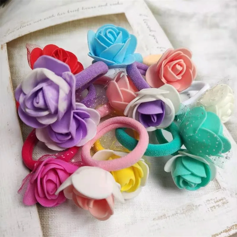 10PCS/LOT Pretty Rose Flower Elastic Hair Bands Toys For Girls Handmade  Hair Tie Scrunchy Kids Hair Accessories For Women 2021