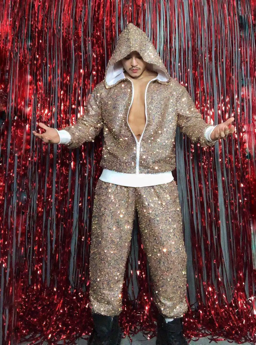 Heren Jazzdanskostuum Glitter Pailletten Capuchon Broek Set Hip Hop Street Dance Outfit Nachtclub Party Stage Show Kostuum
