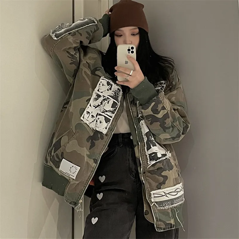 Imagem -04 - Jaqueta Camuflada com Zíper para Mulheres Cabolsa Grosso de Algodão Quente Corta-vento Solto Patch Design Jaqueta Bomber da Moda Feminina Outono e Inverno