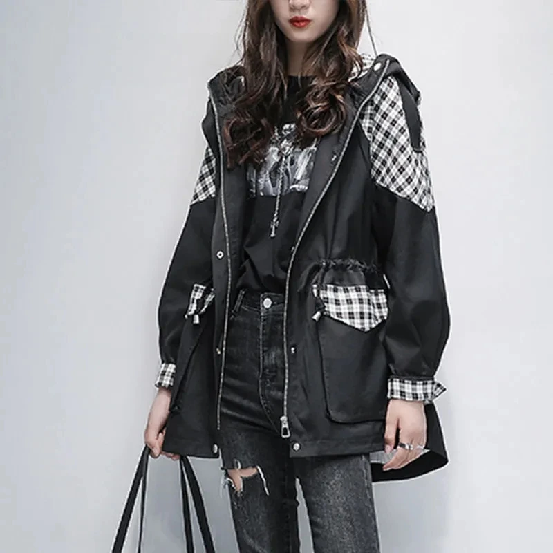 

Splice Women Mid-Length Windbreaker Spring Autumn Korean Fashion Hooded Trench Coat Grid Drawstring Female Large Size Outerwear
