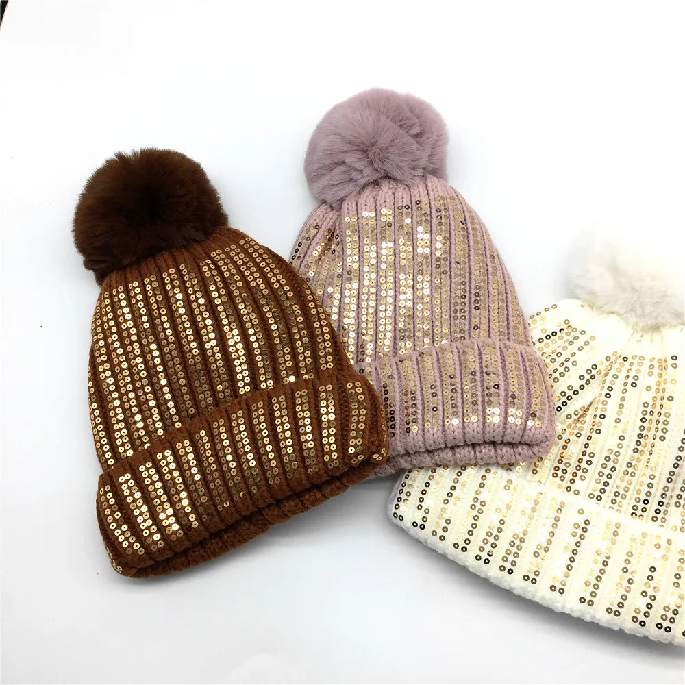 Sequins Beanie for Women Girls Warm Winter Hat Ribbed Brown White Pink Hat Faux Fur Pompom Beanie with Soft Lining