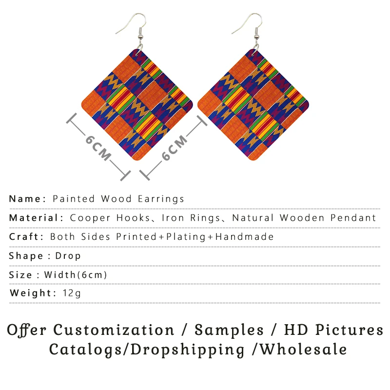 SOMESOOR African Fabric Print Geometric Wooden Drop Earrings Bohemian Tribal Ethnic Square Wood Dangle Jewelry For Women Gifts