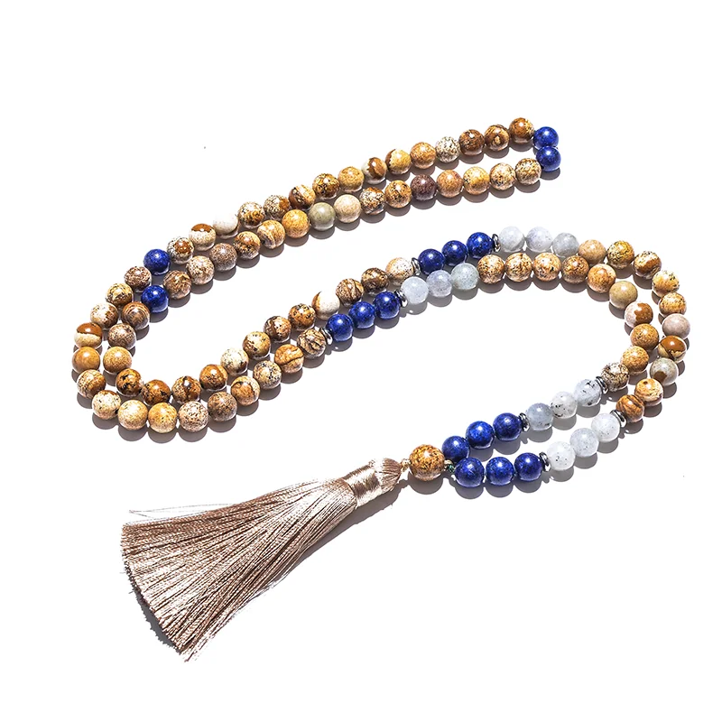 8mm Picture Jasper Lapis Lazuli Labradorite Japamala Beaded Necklace Meditation Yoga Women Jewelry 108 Mala Rosary