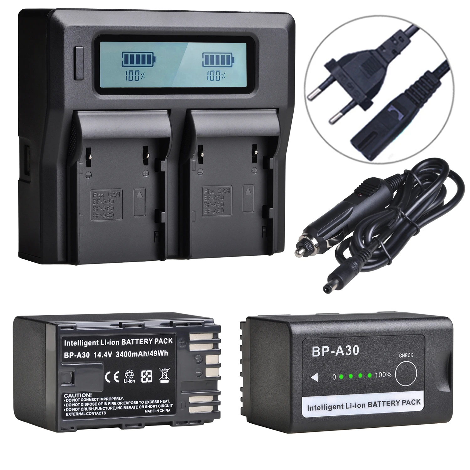 

3400mAH BP-A30 BP A30 Battery With Power Indicator / Dual Quick Charger for Canon BP-A60 BP-A90 EOS C200 C200B C220B C300 MK II