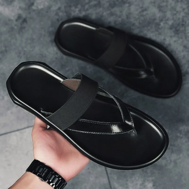 Fashion Men Leather Driving Leisure Sandals Male 2021 Summer Beach Shoes Flip Flops Street Black Brown Flat Slippers