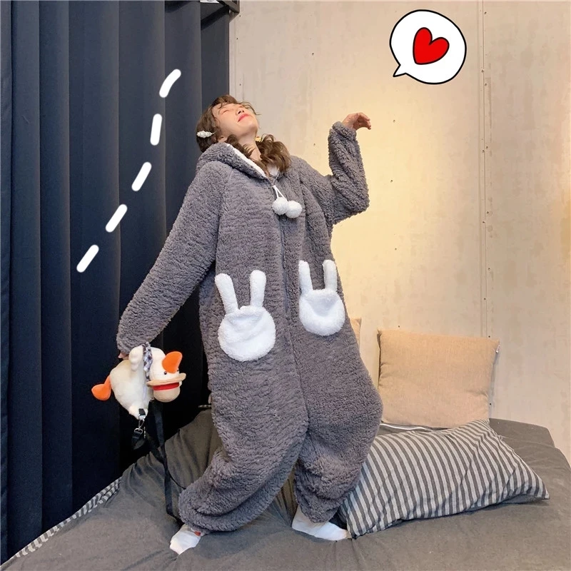 Cute Flannel Stitch Pajamas Winter Plus Velvet Warm Onesie Women\'s Sleepwear Unisex Rabbit Loose Thick Plush Hooded Homewear