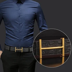 Ceinture à boucle en cuivre de haute qualité pour hommes, boucle marketdorée, sangle de taille en cuir véritable noir, 3.8cm de large