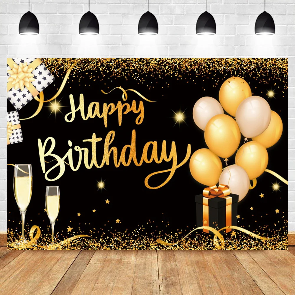 

Laeacco Happy Birthday Vinyl Background Gold Balloons Ribbon Glitters Photography Banner Portrait Custom Poster Photo Backdrop