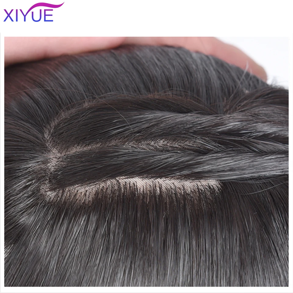 XIYUE Black Brown Curly Hair Top Toupee Clip In Synthetic Hair Extensions Replacement Closure Hairpiece Wigs With Bangs Women