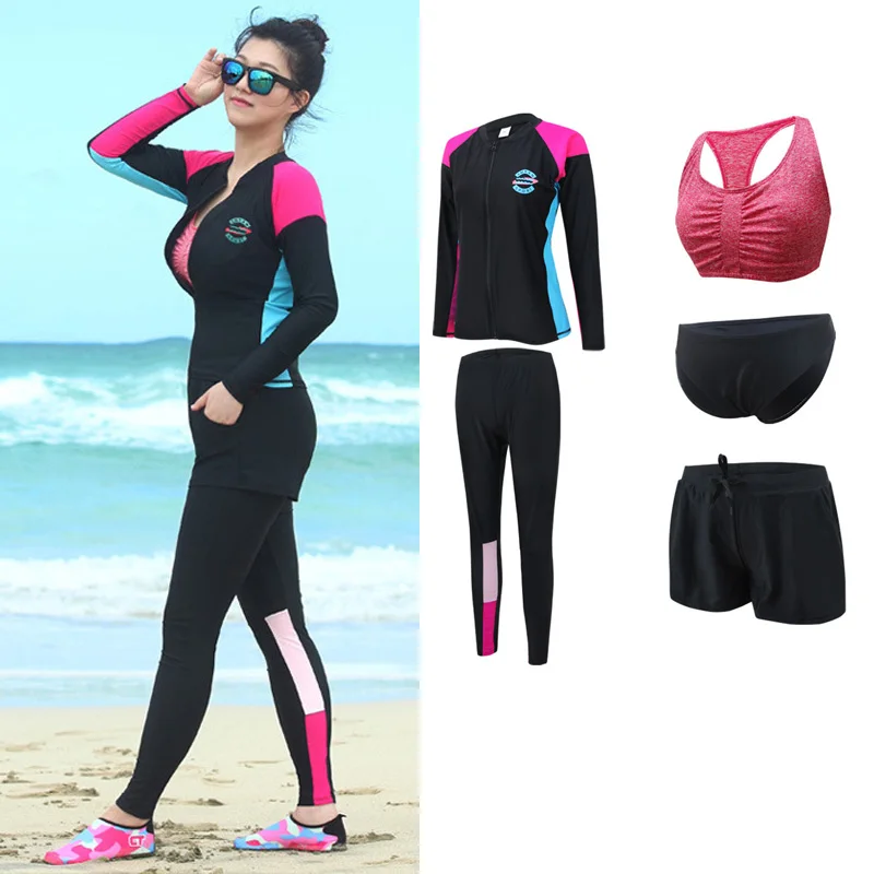 5pcs/set Women\'s Plus Size Long Sleeve Rash Guards Swim Tee & Leggings Bikini set Rashguard Sun UV Protection Swimsuit Couples