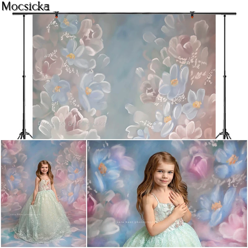 Mocsicka Pink Flowers Photography Background Hand Drawn Style Dream Blue Flower Backdrop Child Portrait Decoration Props Studio