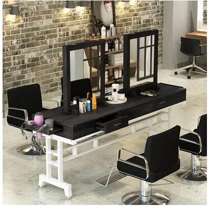 Real wood retro barber shop mirror desk hairdresser mirror salon dedicated to making old perm table floor single-sided mirror