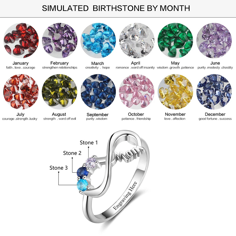 JewelOra Personalized Mothers Rings with 3 Birthstones Custom Inner Engraving Infinity 925 Sterling Silver Rings for Women Mom