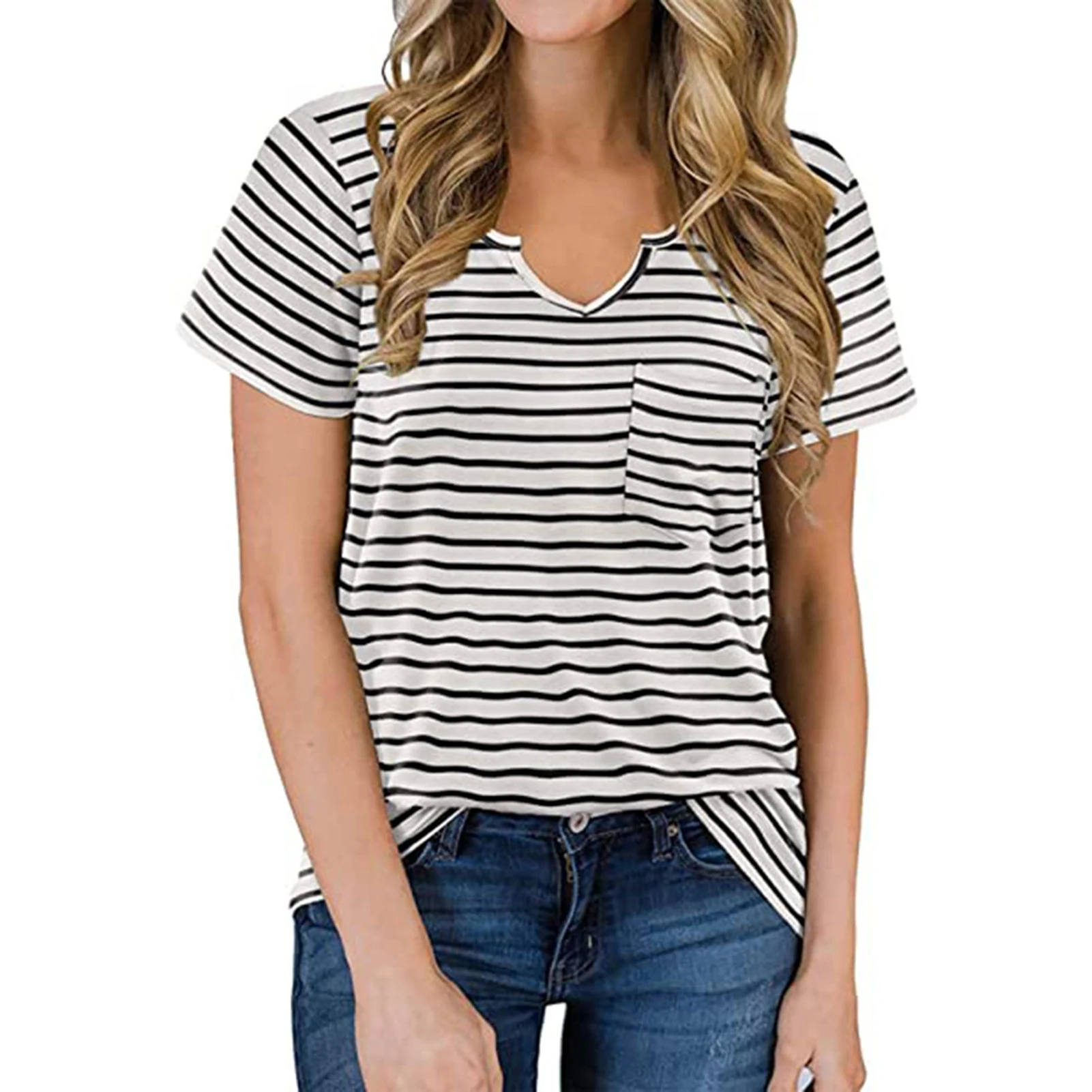 Ladies Printed Shirt Stripe Printed V-neck Ladies Top Spring/Summer Ladies' Comfortable Soft V-neck Pocket Short Sleeve T-shirt