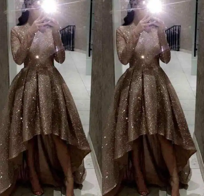 MYYBLE Reflective Long Sleeves Sequins Evening Dresses 2020 O Neck Neck Ruched High Low A Line Formal Party Prom Dresses