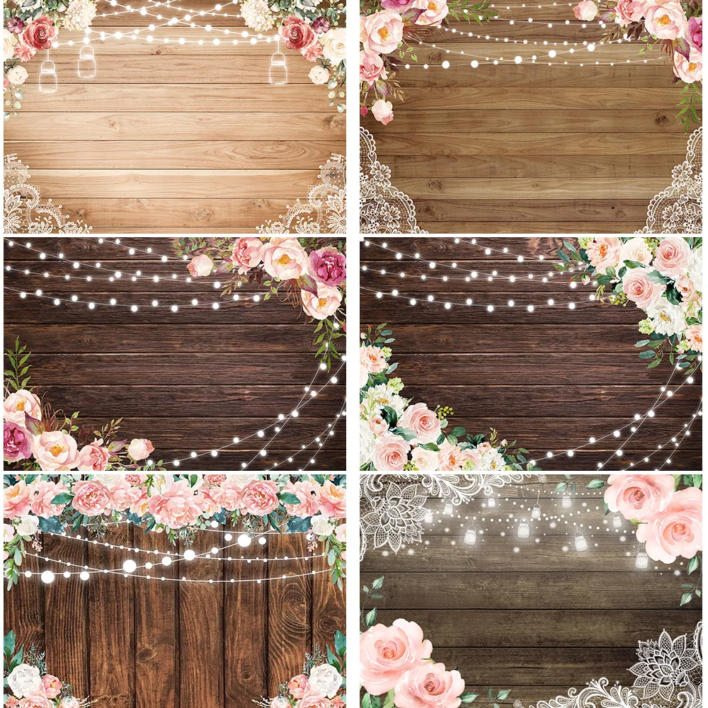 Flowers Wood Lace Rustic Backdrop Wedding Floral Photography Background Bridal Shower Baby Birthday Banner Photo Studio Props