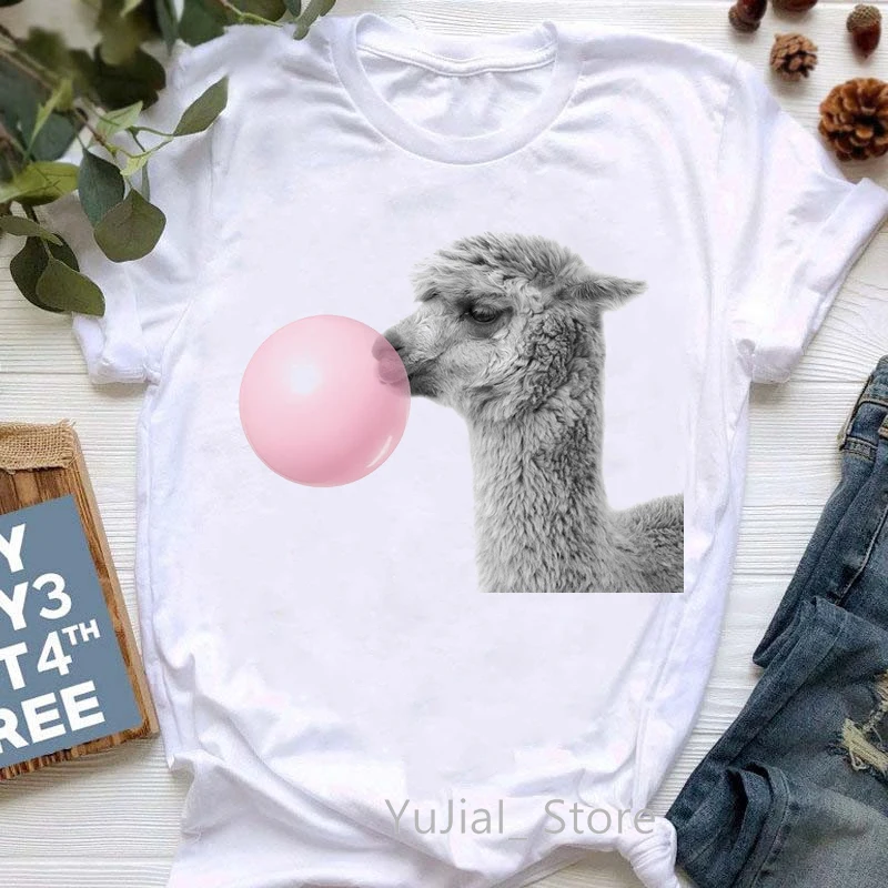 Watercolor Lamb Blowing Pink Bubbles T-Shirt Women'S Clothing Funny Tshirt Femme Summer Fashion Tops Tee Shirt Female