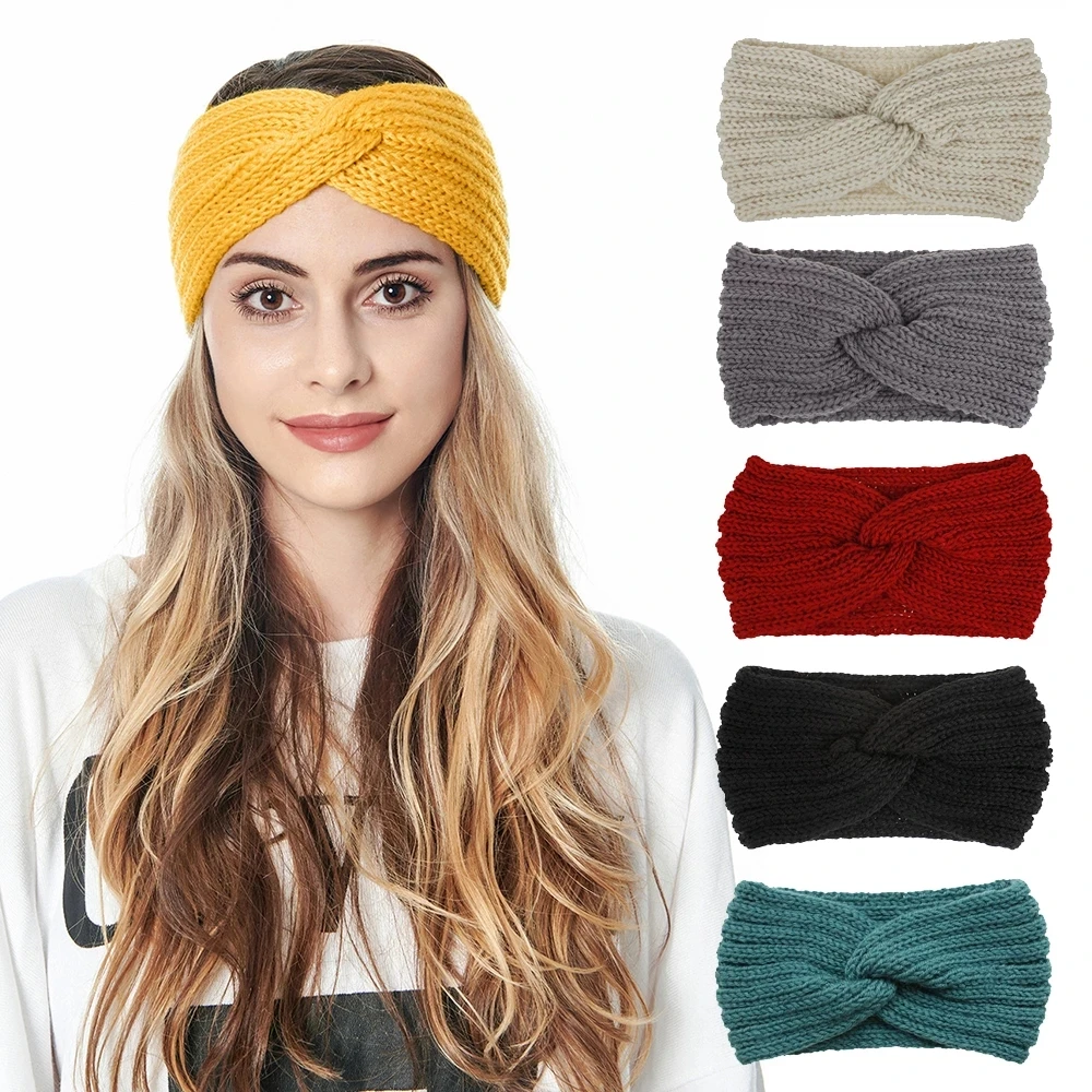 1PC Fashion Women Crochet Knitting Woolen Headbands Winter Bohemia Weaving Cross Hair bands Solid Color Handmade Hairband