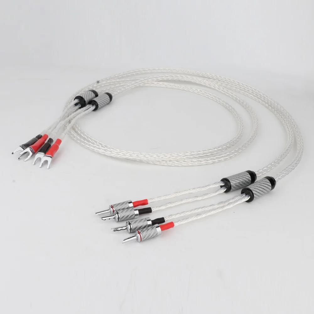 High Quality  8AG OCC Silver Plated Speaker Cable Hi-End Audiophile Loudspeaker Cable with Y Spade Plug to Banana Plug