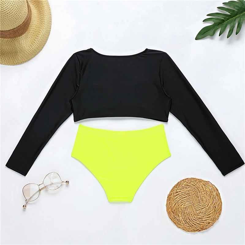 Vikionfly Swim Crop Top Sexy High Waist Bikini Set Women 2021 Neon Green Long Sleeve Deep V Neck Swimwear Swimsuit Bathing Suit